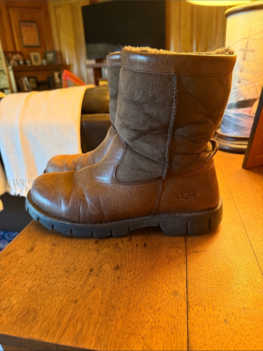 UGG Brown Leather Short Shearling-Lined Boots
